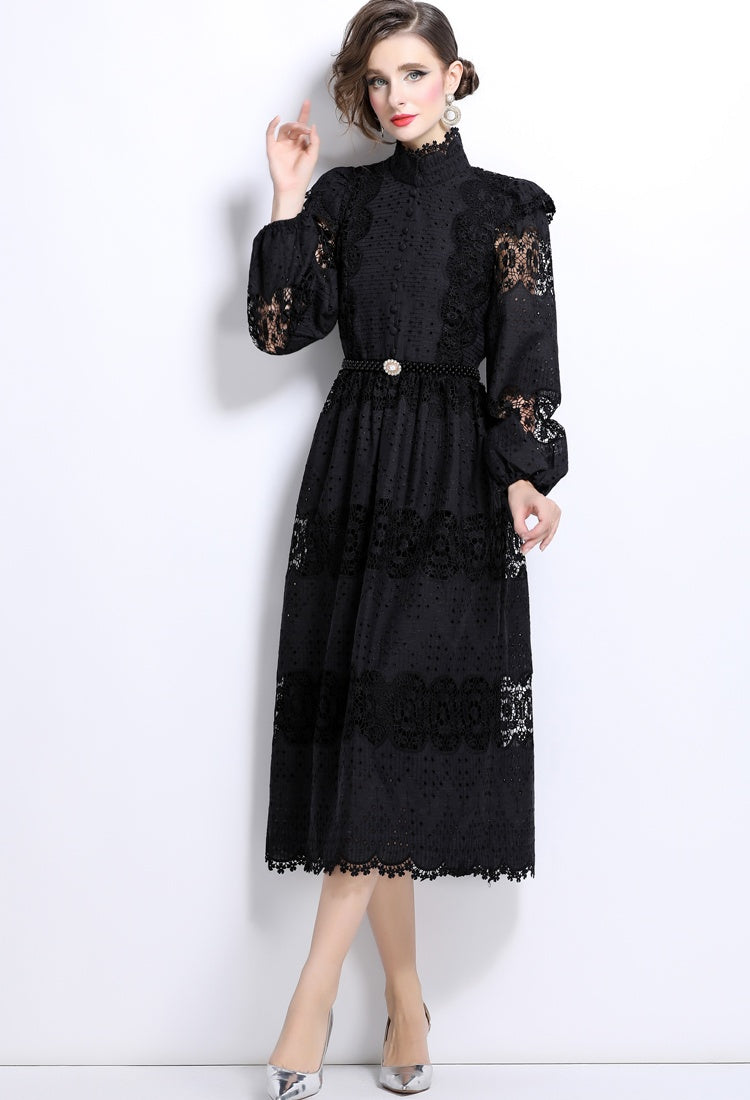 CM-DY025052 Women Elegangt European Style Stand Collar Lace Pearl Decor Long Sleeve Dress - Black