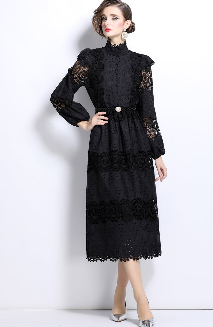 CM-DY025052 Women Elegangt European Style Stand Collar Lace Pearl Decor Long Sleeve Dress - Black