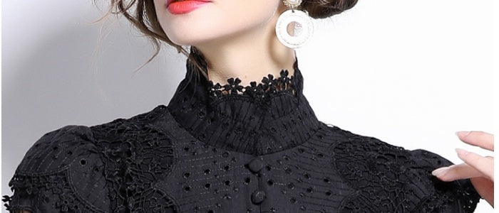 CM-DY025052 Women Elegangt European Style Stand Collar Lace Pearl Decor Long Sleeve Dress - Black