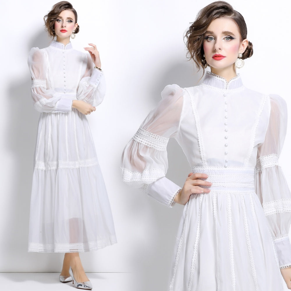 CM-DY025053 Women Elegant European Style Stand Collar Long Sleeve Pinched Waist Slim Dress