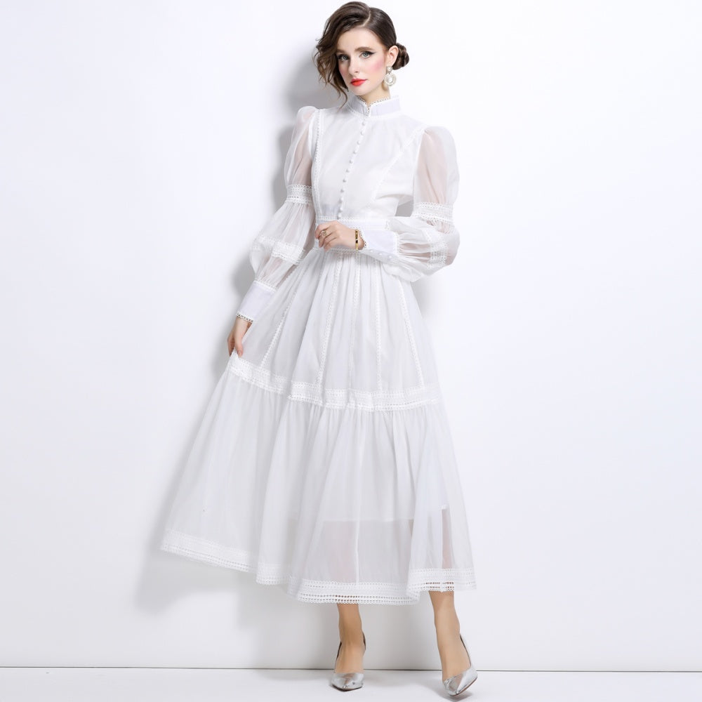 CM-DY025053 Women Elegant European Style Stand Collar Long Sleeve Pinched Waist Slim Dress