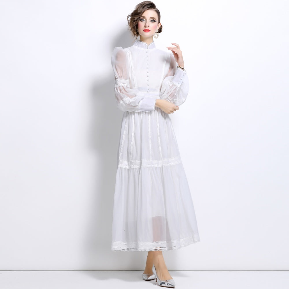 CM-DY025053 Women Elegant European Style Stand Collar Long Sleeve Pinched Waist Slim Dress