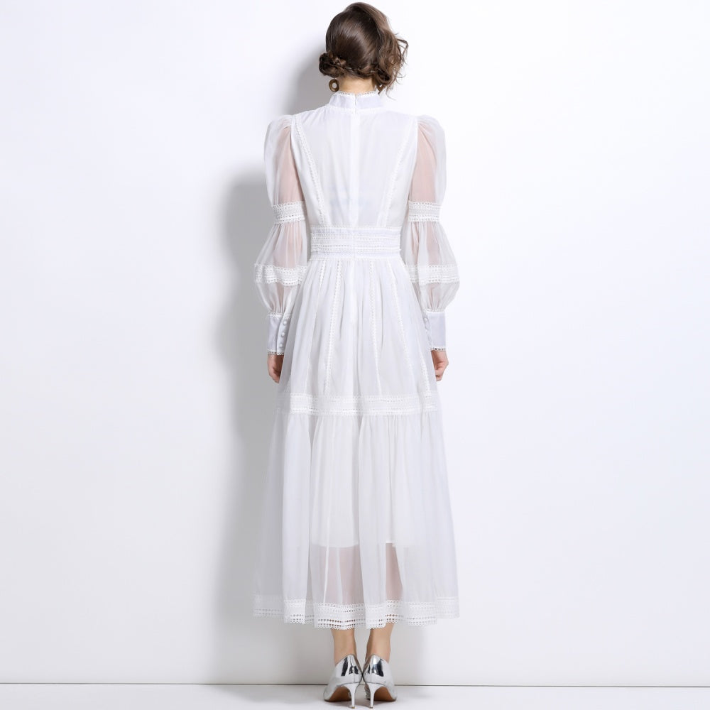 CM-DY025053 Women Elegant European Style Stand Collar Long Sleeve Pinched Waist Slim Dress