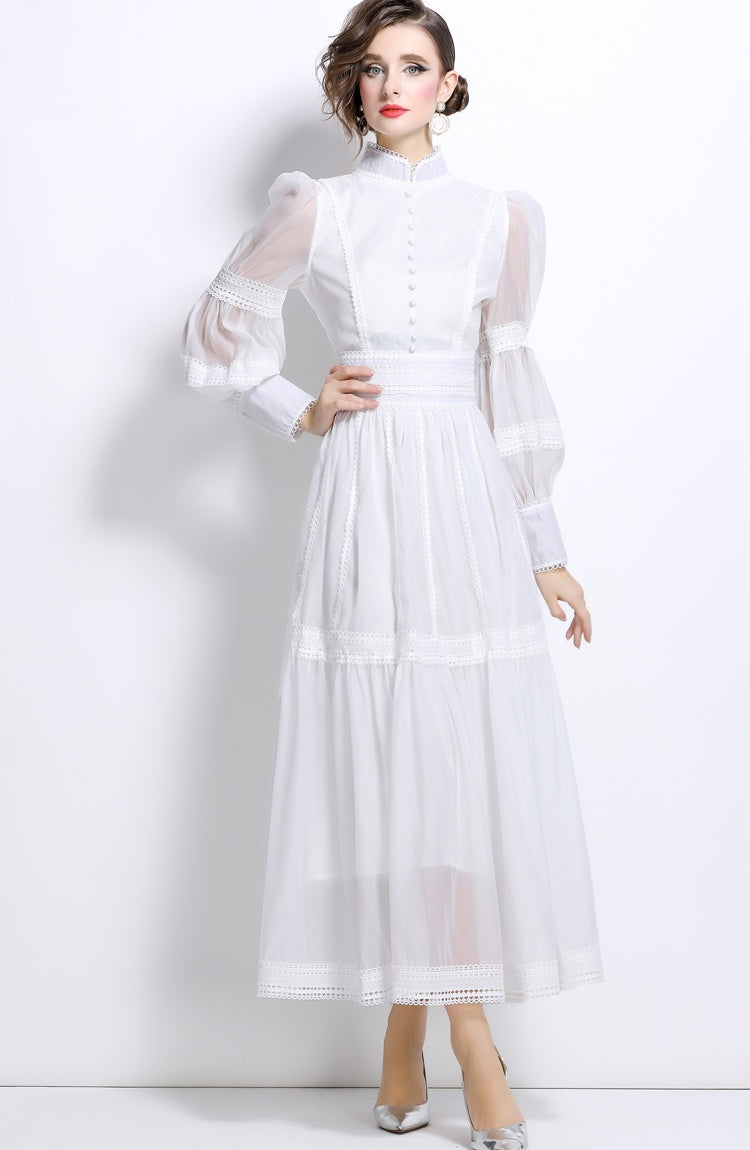 CM-DY025053 Women Elegant European Style Stand Collar Long Sleeve Pinched Waist Slim Dress