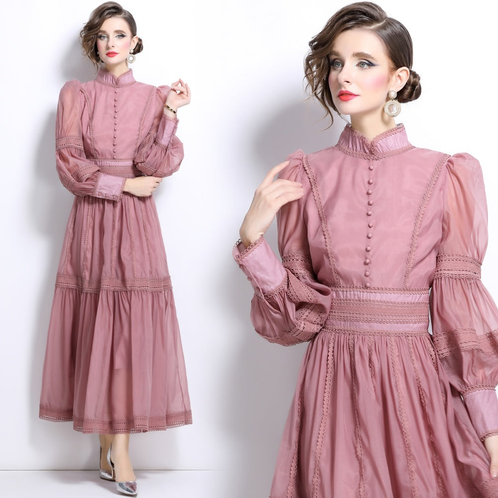 CM-DY025054 Women Elegant European Style Organza Puff Sleeve Long Pinched Waist Slim Dress