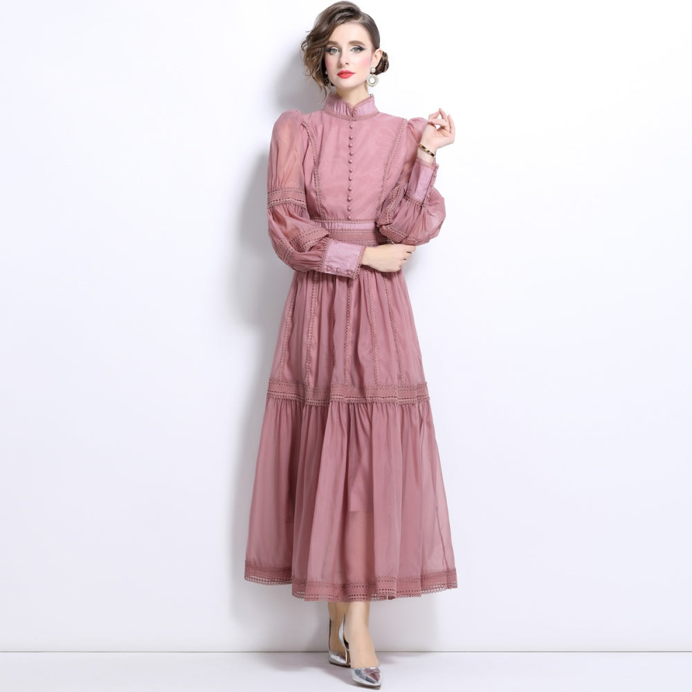 CM-DY025054 Women Elegant European Style Organza Puff Sleeve Long Pinched Waist Slim Dress