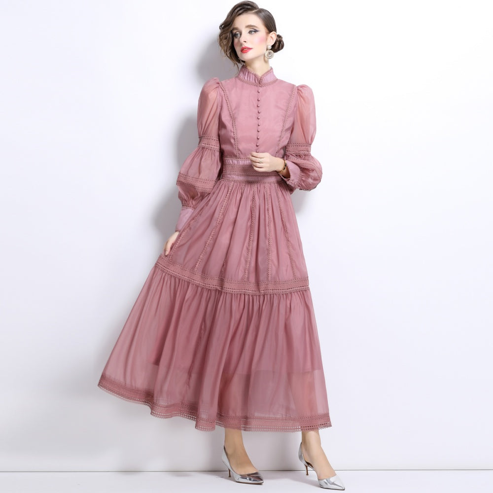 CM-DY025054 Women Elegant European Style Organza Puff Sleeve Long Pinched Waist Slim Dress