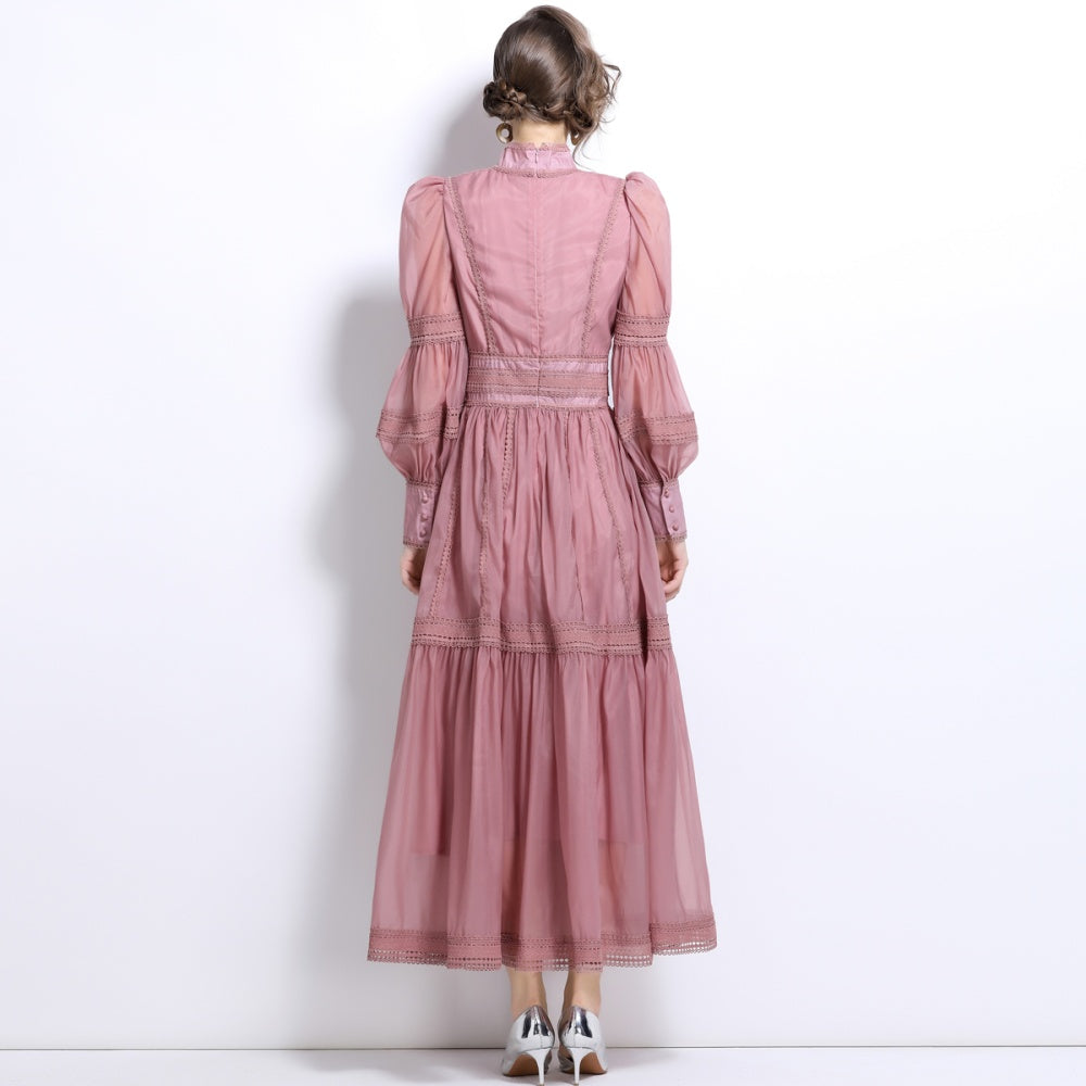CM-DY025054 Women Elegant European Style Organza Puff Sleeve Long Pinched Waist Slim Dress