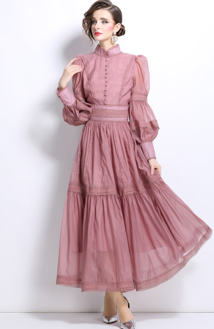CM-DY025054 Women Elegant European Style Organza Puff Sleeve Long Pinched Waist Slim Dress