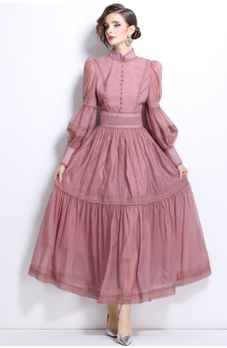 CM-DY025054 Women Elegant European Style Organza Puff Sleeve Long Pinched Waist Slim Dress