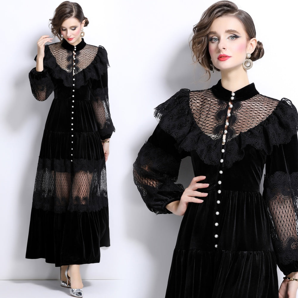 CM-DY025055 Women Elegant European Style Stand Collar Long Sleeve Pearl Buckle Lace Velvet Dress