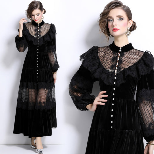 CM-DY025055 Women Elegant European Style Stand Collar Long Sleeve Pearl Buckle Lace Velvet Dress