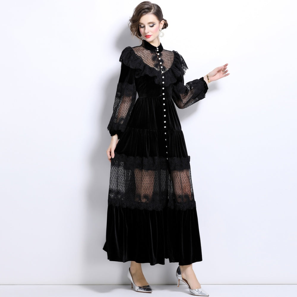 CM-DY025055 Women Elegant European Style Stand Collar Long Sleeve Pearl Buckle Lace Velvet Dress