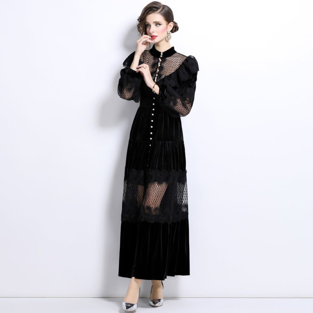 CM-DY025055 Women Elegant European Style Stand Collar Long Sleeve Pearl Buckle Lace Velvet Dress