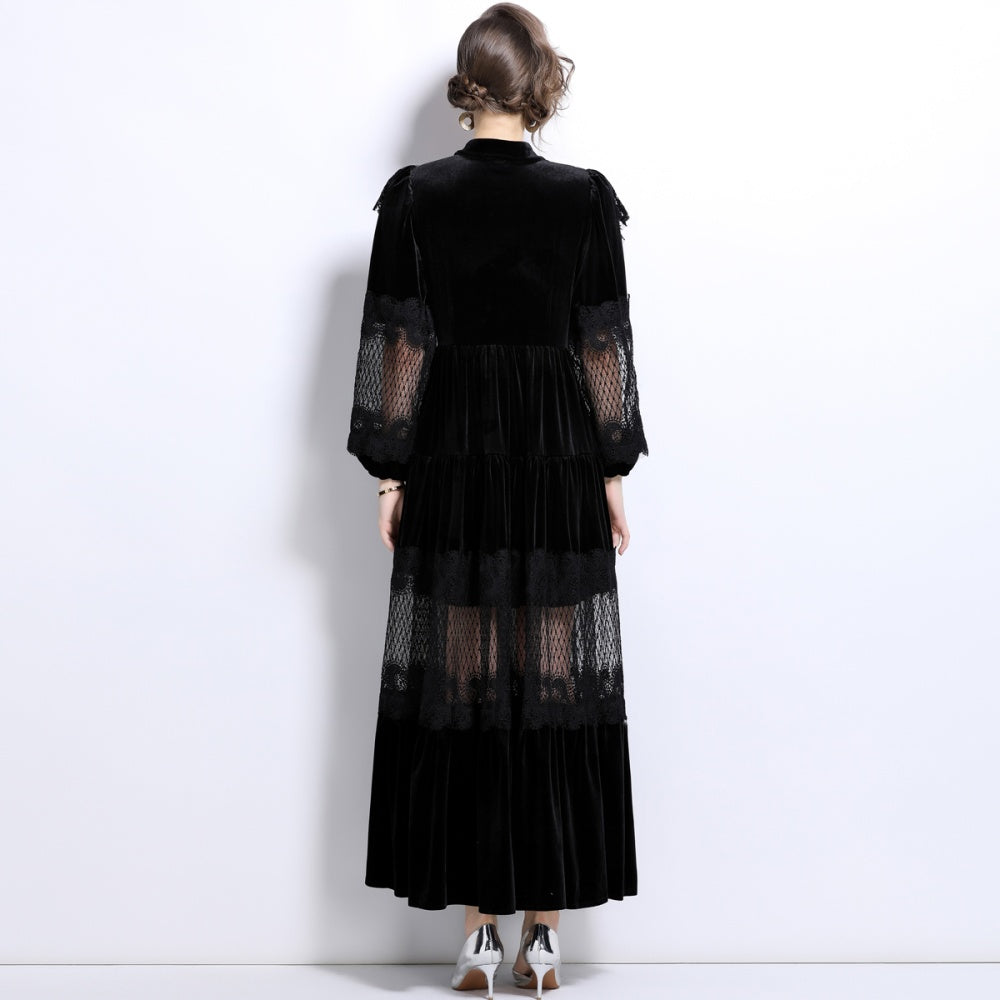 CM-DY025055 Women Elegant European Style Stand Collar Long Sleeve Pearl Buckle Lace Velvet Dress