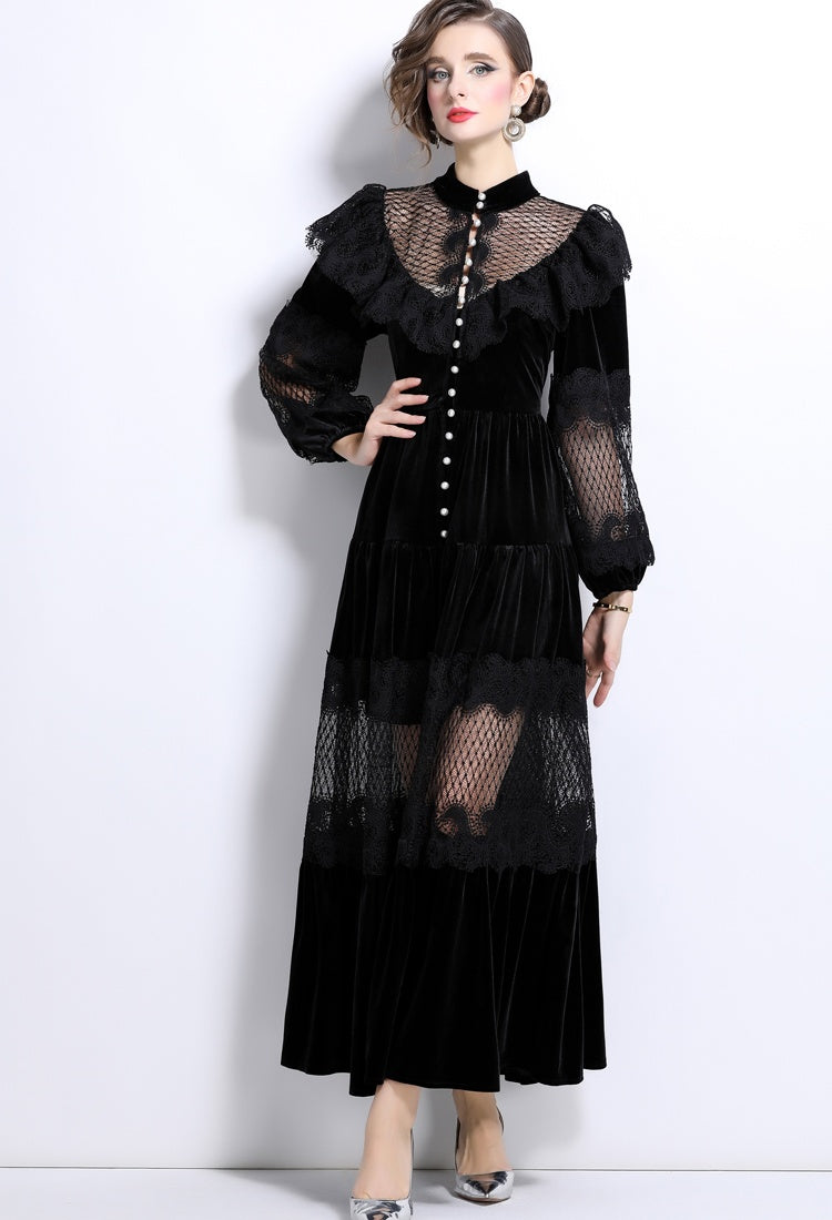CM-DY025055 Women Elegant European Style Stand Collar Long Sleeve Pearl Buckle Lace Velvet Dress