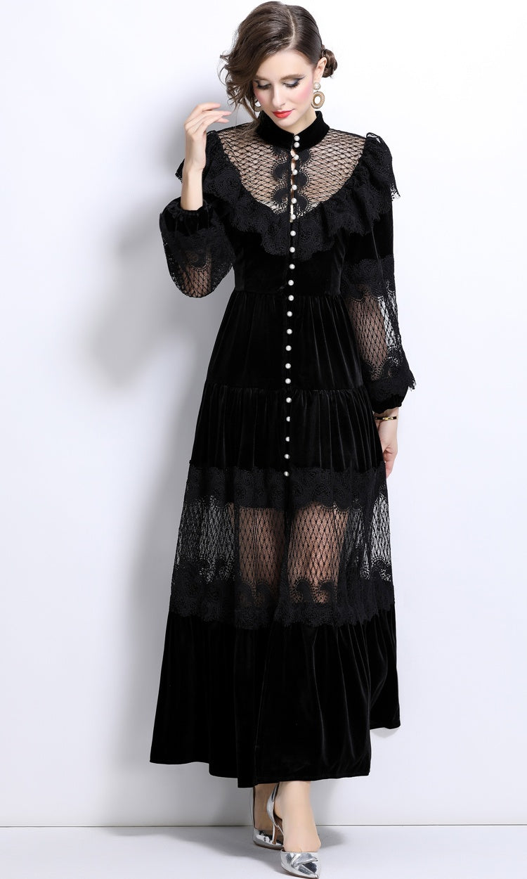 CM-DY025055 Women Elegant European Style Stand Collar Long Sleeve Pearl Buckle Lace Velvet Dress