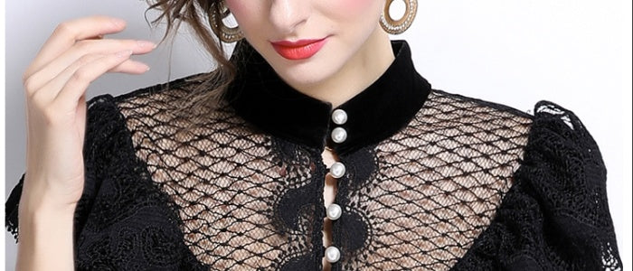 CM-DY025055 Women Elegant European Style Stand Collar Long Sleeve Pearl Buckle Lace Velvet Dress
