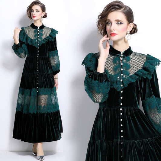 CM-DY025056 Women Elegant European Style Stand Collar Trumpet Sleeve Velvet Long Dress - Green