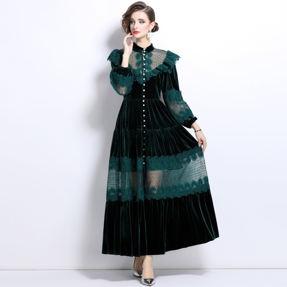 CM-DY025056 Women Elegant European Style Stand Collar Trumpet Sleeve Velvet Long Dress - Green