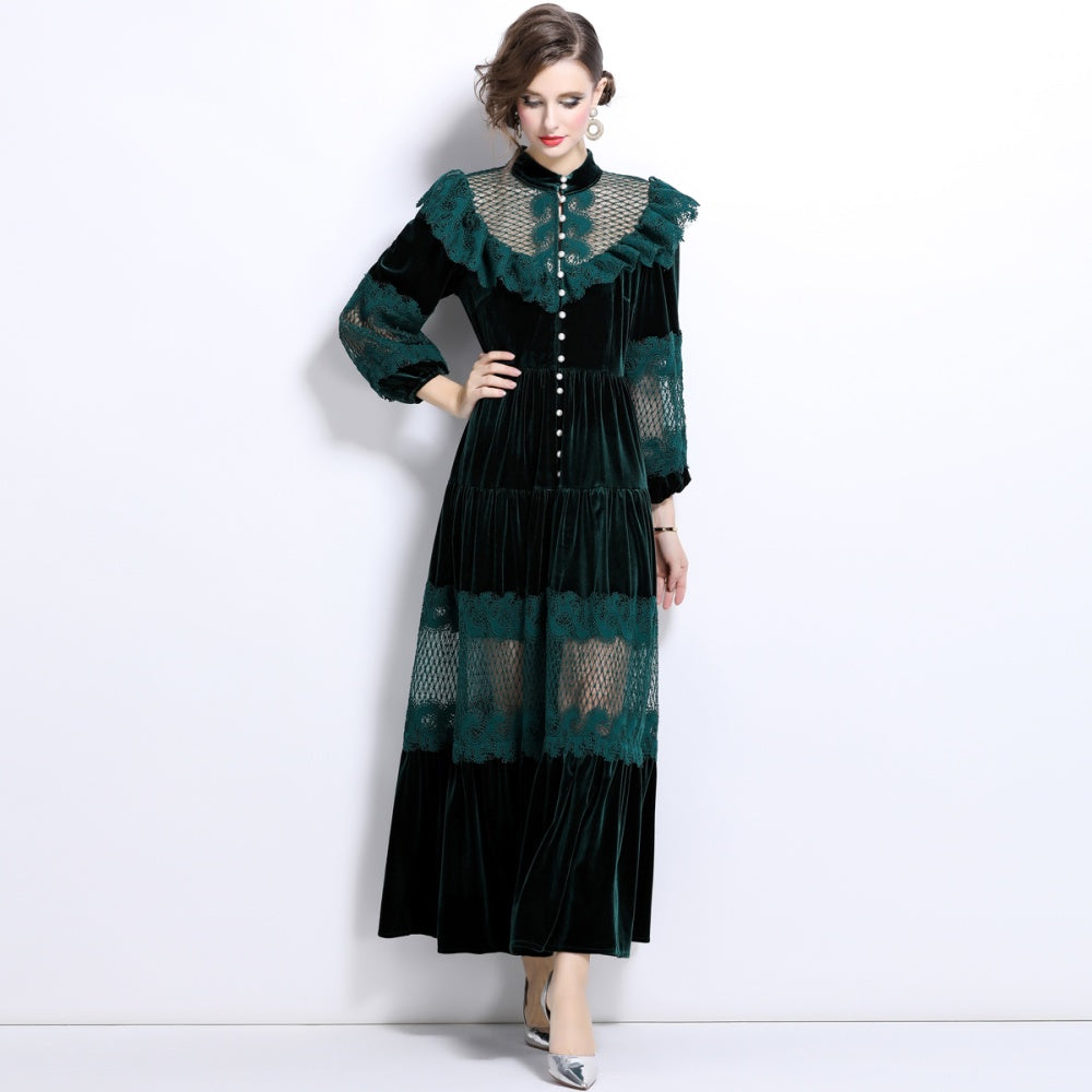 CM-DY025056 Women Elegant European Style Stand Collar Trumpet Sleeve Velvet Long Dress - Green