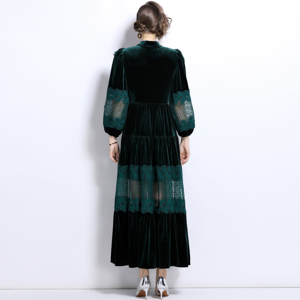 CM-DY025056 Women Elegant European Style Stand Collar Trumpet Sleeve Velvet Long Dress - Green