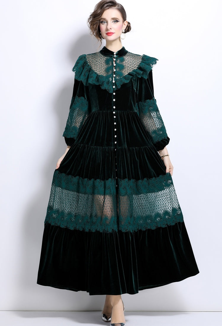 CM-DY025056 Women Elegant European Style Stand Collar Trumpet Sleeve Velvet Long Dress - Green