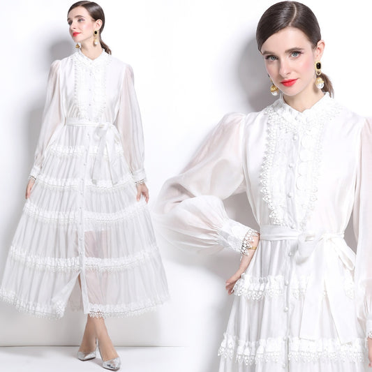 CM-DY025057 Women Elegant European Style Stand Collar Long Sleeve Lace Maxi Dress - White
