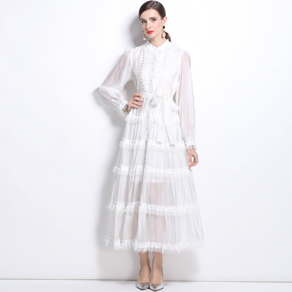 CM-DY025057 Women Elegant European Style Stand Collar Long Sleeve Lace Maxi Dress - White
