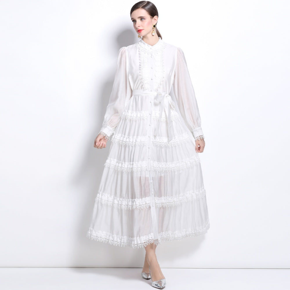 CM-DY025057 Women Elegant European Style Stand Collar Long Sleeve Lace Maxi Dress - White