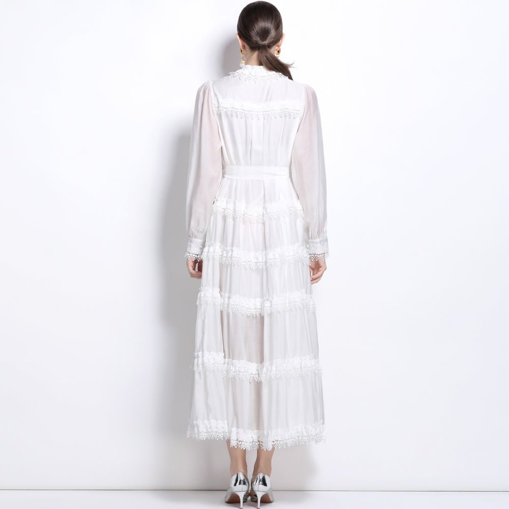 CM-DY025057 Women Elegant European Style Stand Collar Long Sleeve Lace Maxi Dress - White