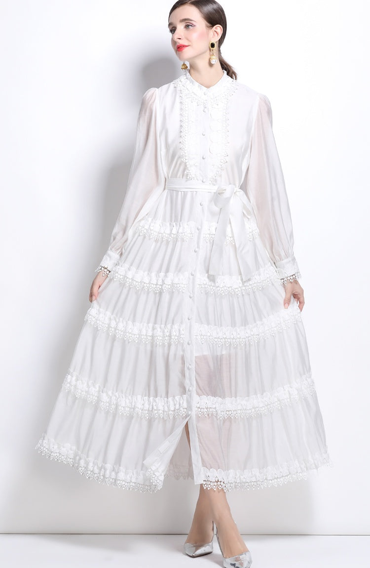 CM-DY025057 Women Elegant European Style Stand Collar Long Sleeve Lace Maxi Dress - White