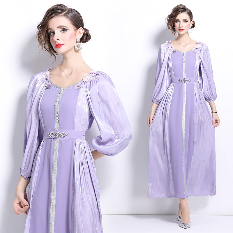CM-DY025059 Women Elegant European Style Horizontal Collar Puff Sleeve High Waist Slim Dress