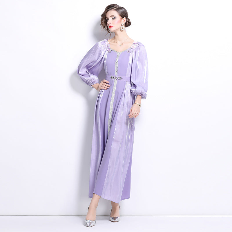 CM-DY025059 Women Elegant European Style Horizontal Collar Puff Sleeve High Waist Slim Dress
