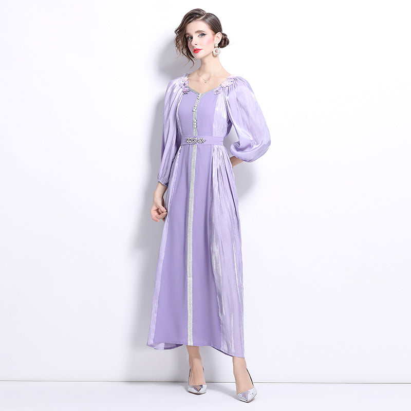CM-DY025059 Women Elegant European Style Horizontal Collar Puff Sleeve High Waist Slim Dress