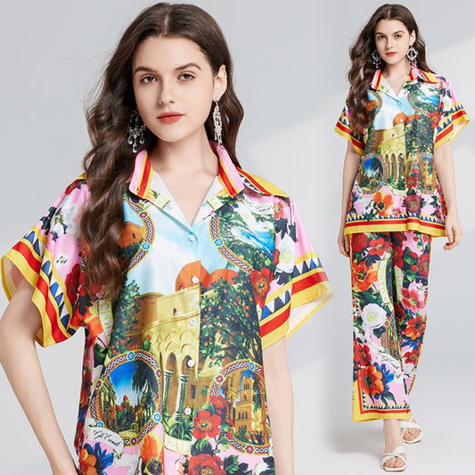 CM-SY025060 Women Elegant European Style All Over Print Shirt Sleeve Top With Flare Leg Pants - Set