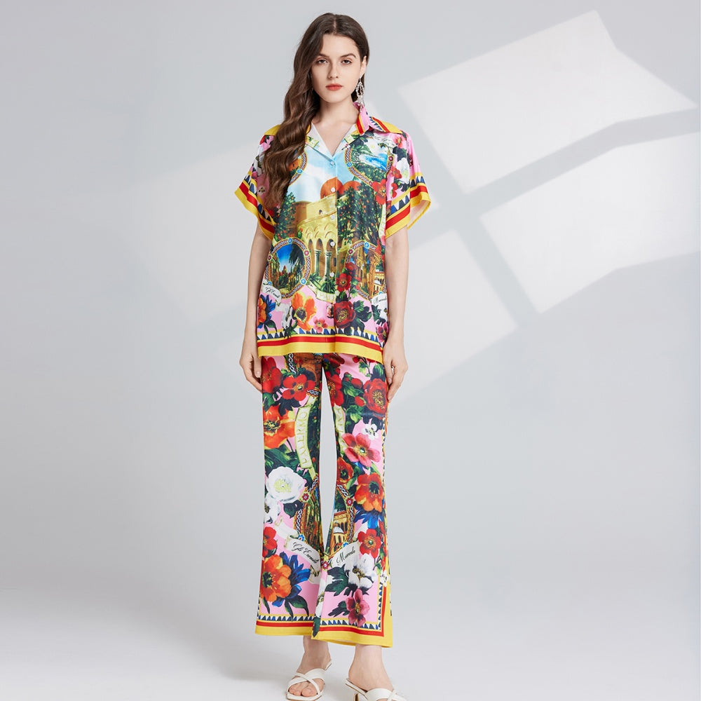 CM-SY025060 Women Elegant European Style All Over Print Shirt Sleeve Top With Flare Leg Pants - Set