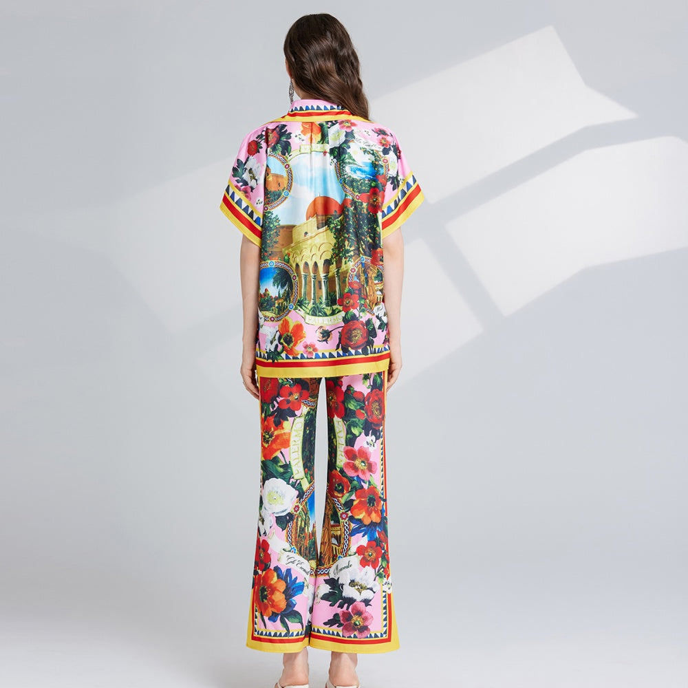 CM-SY025060 Women Elegant European Style All Over Print Shirt Sleeve Top With Flare Leg Pants - Set