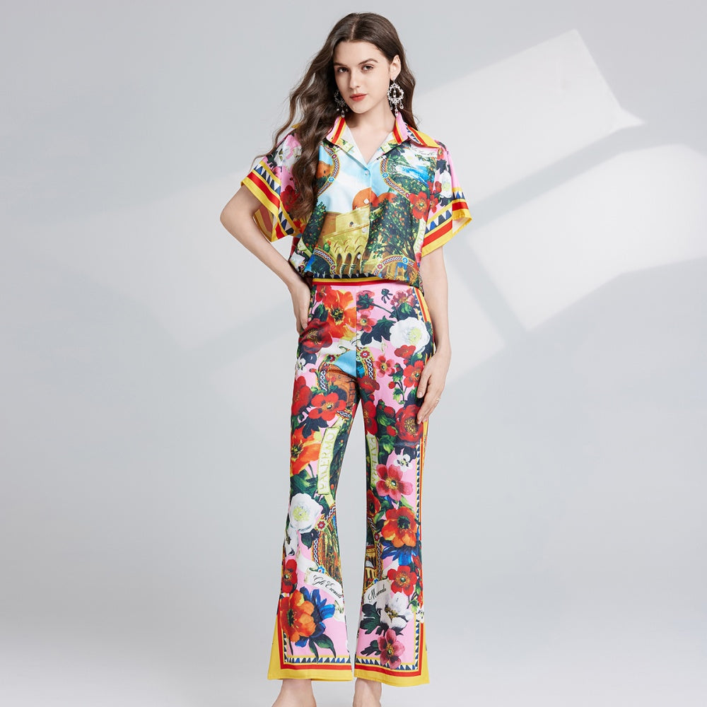 CM-SY025060 Women Elegant European Style All Over Print Shirt Sleeve Top With Flare Leg Pants - Set