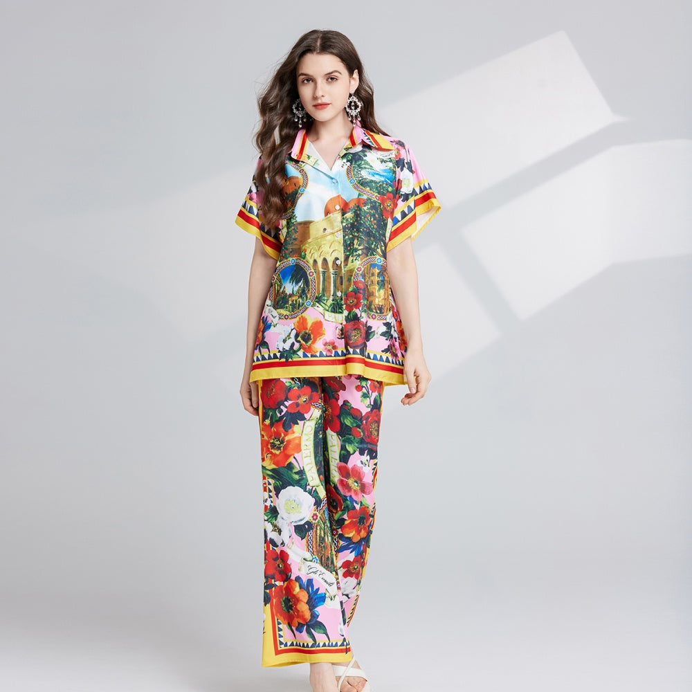 CM-SY025060 Women Elegant European Style All Over Print Shirt Sleeve Top With Flare Leg Pants - Set