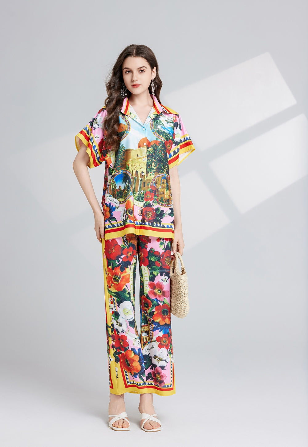 CM-SY025060 Women Elegant European Style All Over Print Shirt Sleeve Top With Flare Leg Pants - Set