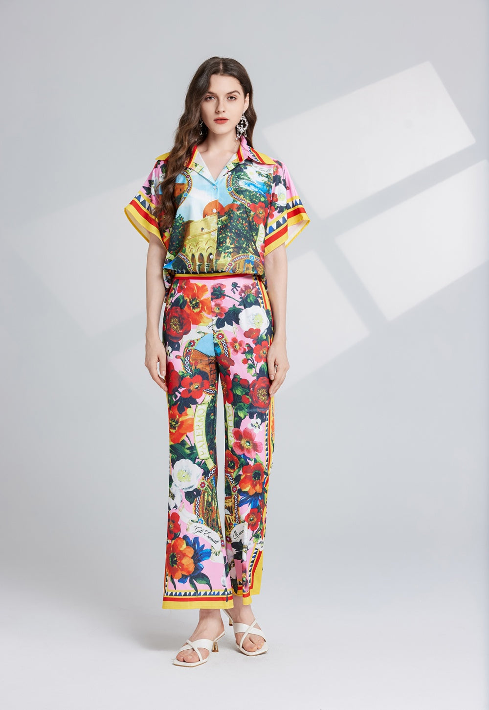 CM-SY025060 Women Elegant European Style All Over Print Shirt Sleeve Top With Flare Leg Pants - Set