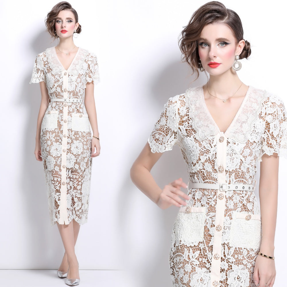 CM-DY025188 Women Elegant European Style V-Neck Short Sleeve Long Pencil Dress - Beige