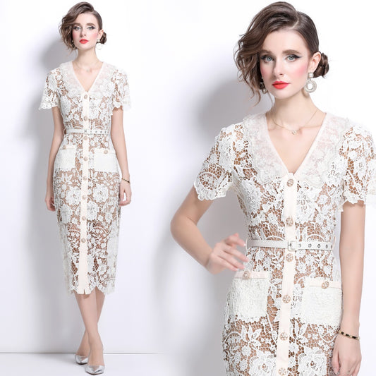 CM-DY025188 Women Elegant European Style V-Neck Short Sleeve Long Pencil Dress - Beige