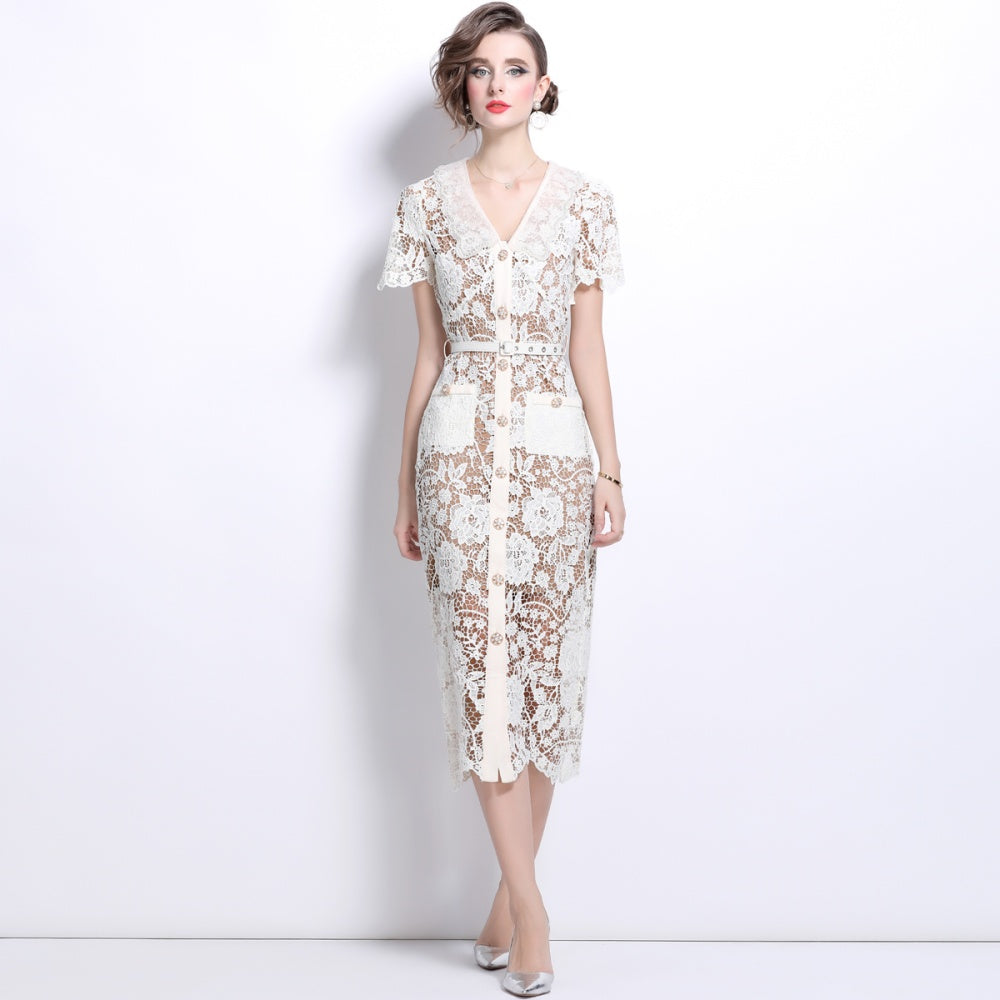 CM-DY025188 Women Elegant European Style V-Neck Short Sleeve Long Pencil Dress - Beige