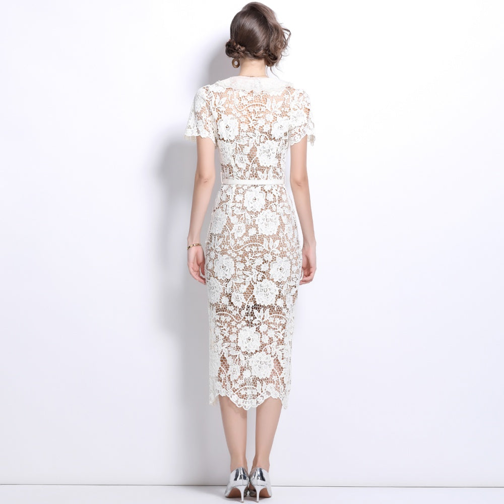 CM-DY025188 Women Elegant European Style V-Neck Short Sleeve Long Pencil Dress - Beige
