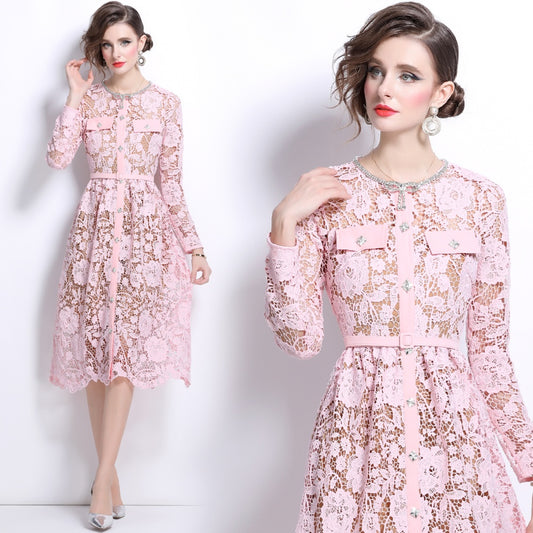 CM-DY025189 Women Elegant European Style Round Neck Lace Short Sleeve Dress - Pink