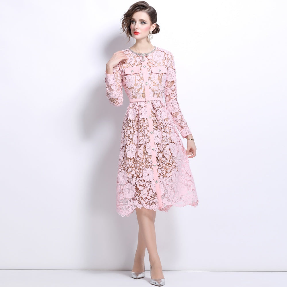 CM-DY025189 Women Elegant European Style Round Neck Lace Short Sleeve Dress - Pink