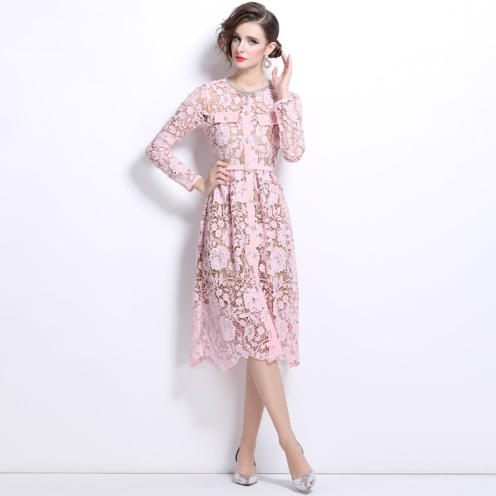 CM-DY025189 Women Elegant European Style Round Neck Lace Short Sleeve Dress - Pink