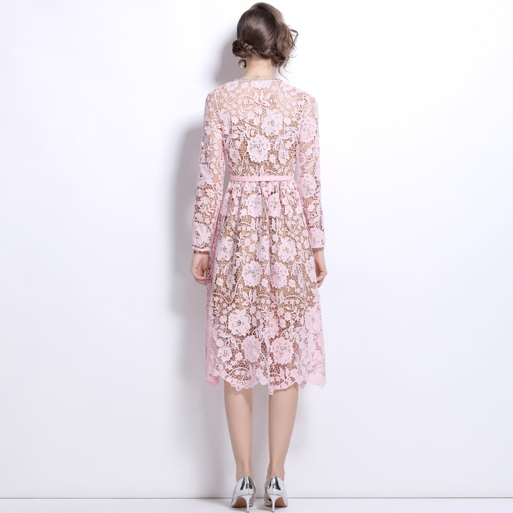CM-DY025189 Women Elegant European Style Round Neck Lace Short Sleeve Dress - Pink